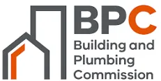 BPC Building and Plumbing Commission logo with stylized building and pipe design.
