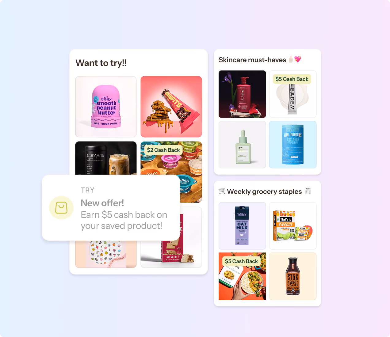 App screens showing saved products and cash back offers across skincare and grocery staples