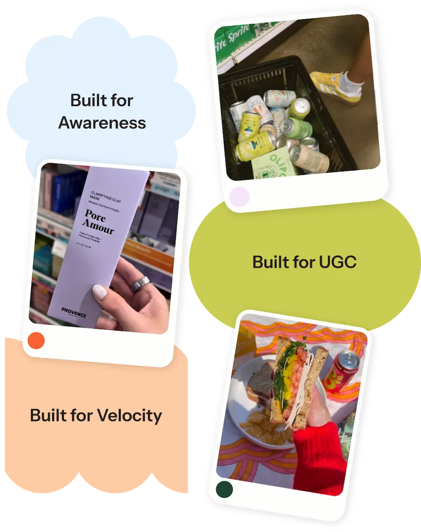 Creator content collage labeled Built for Awareness, UGC, and Velocity with skincare, groceries, and food