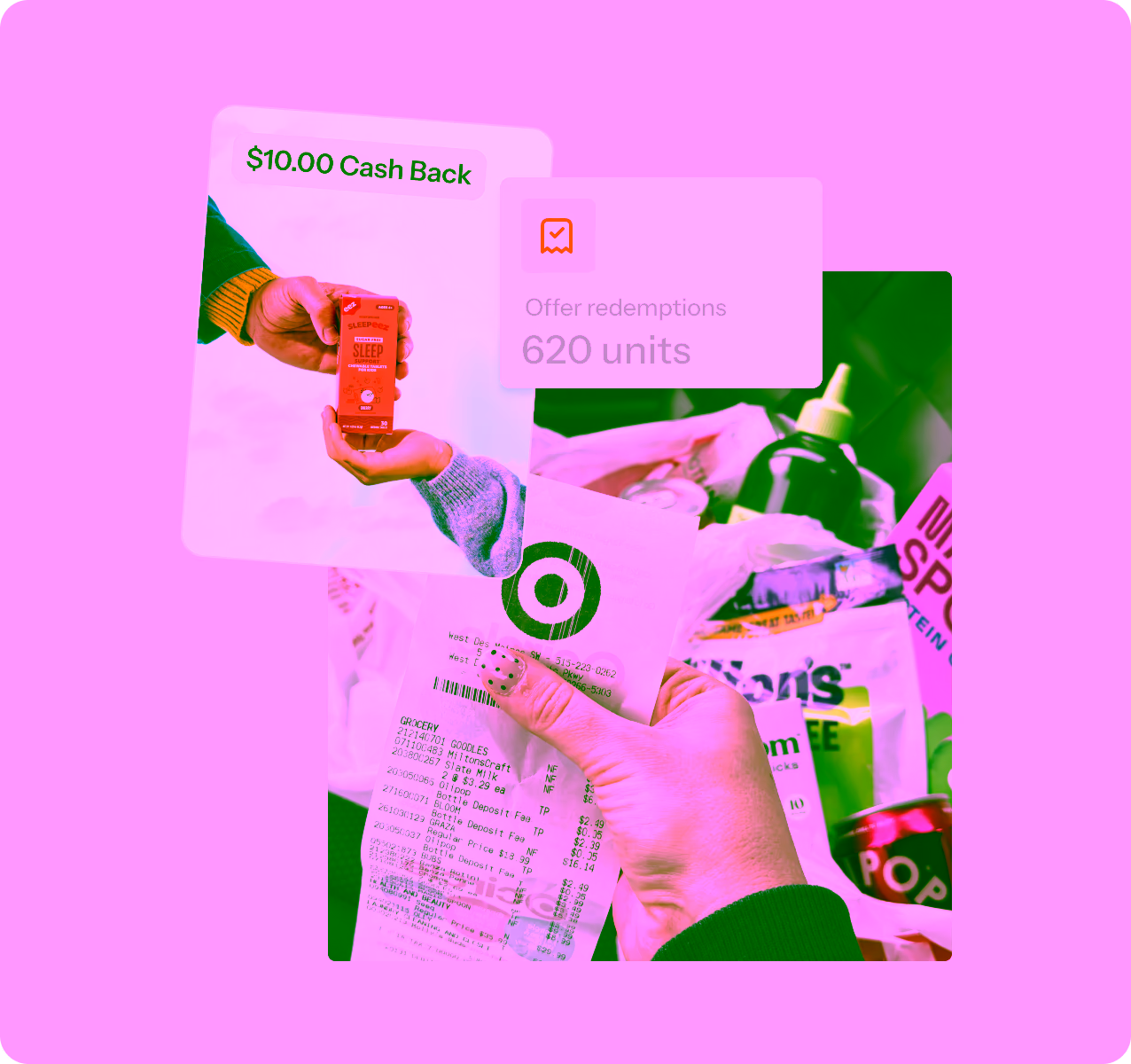 Cash-back offer card, offer redemptions stat, and a shopper holding a Target receipt over groceries