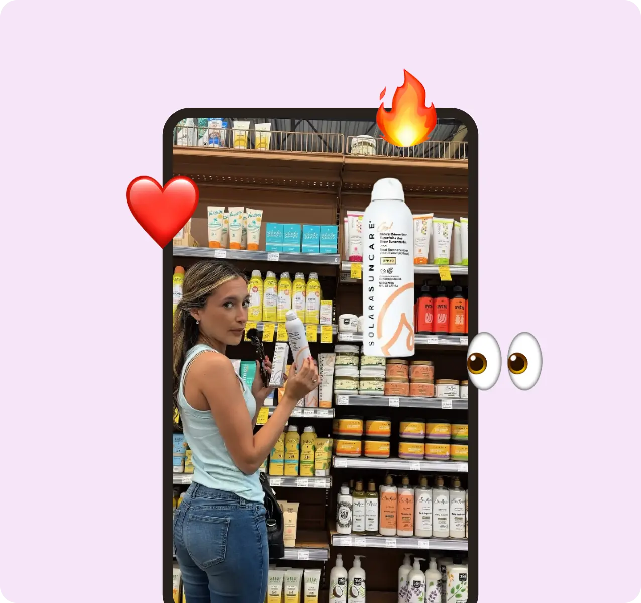 Creator holding sunscreen in a store aisle framed by heart and fire emoji stickers