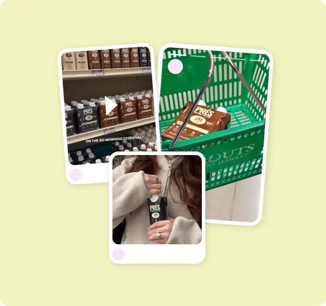 Collage of Pres coffee at a Sprouts store: shelf, green shopping basket, and a shopper holding a can.