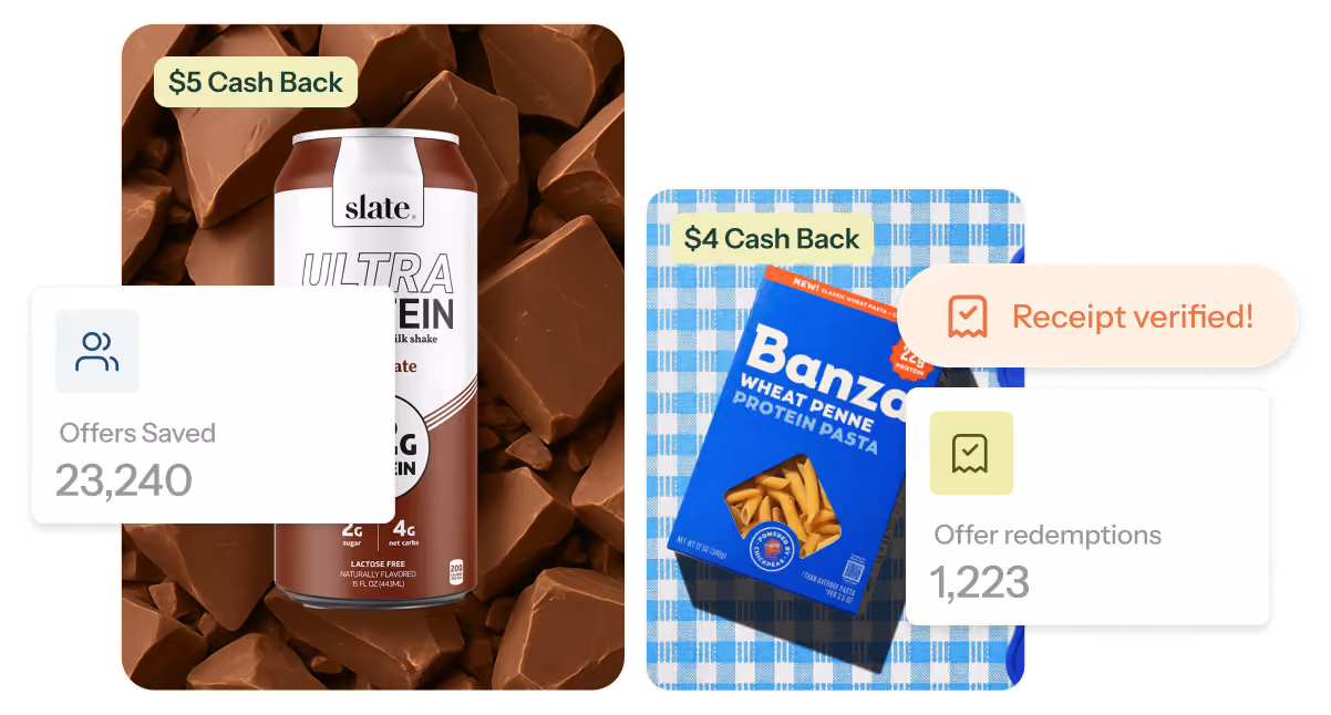 App cards showing cash back offers on a Slate protein drink and Banza pasta with redemption counts