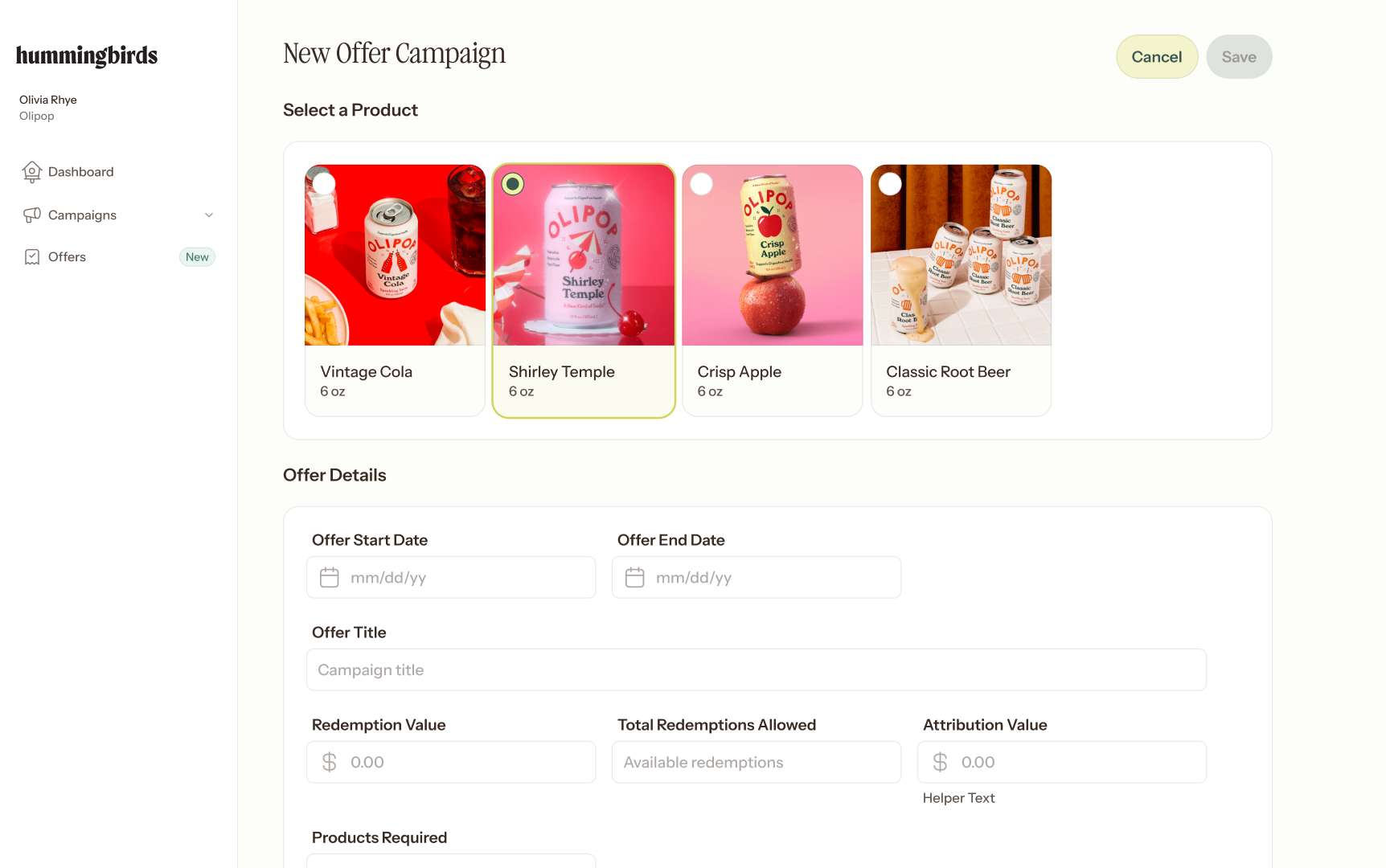Creating a new Offer campaign in the Hummingbirds dashboard