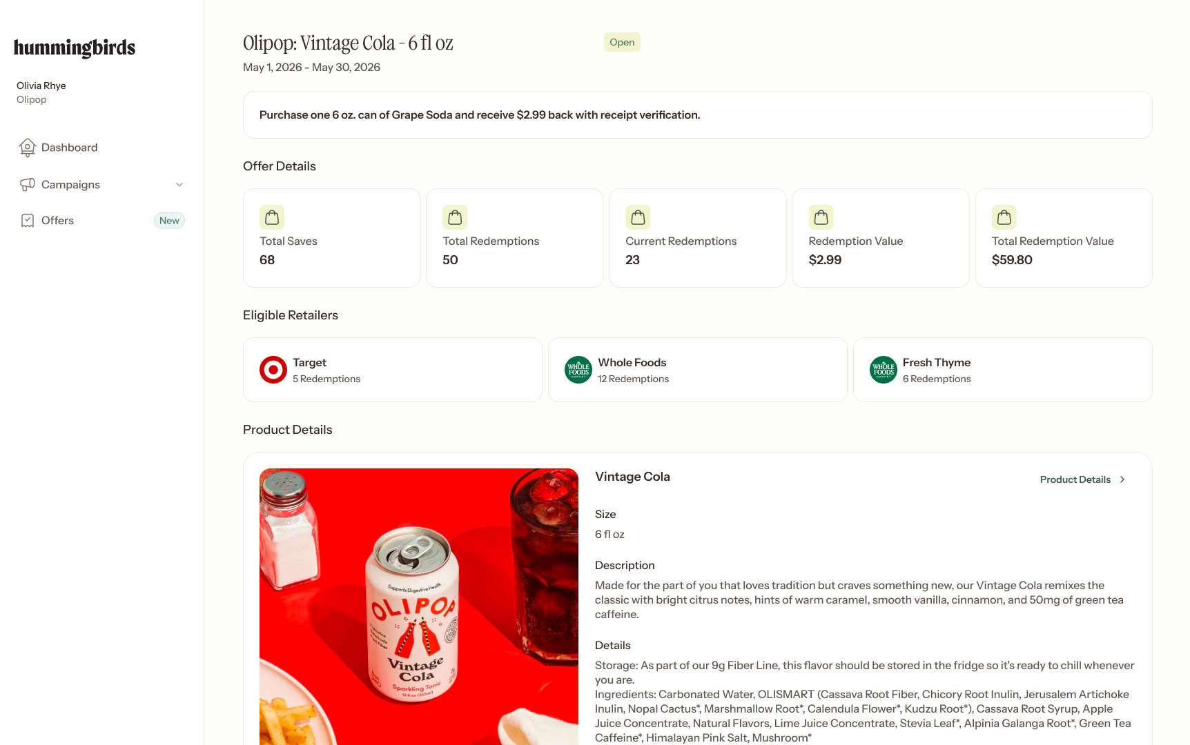 Offer project details in the Hummingbirds dashboard