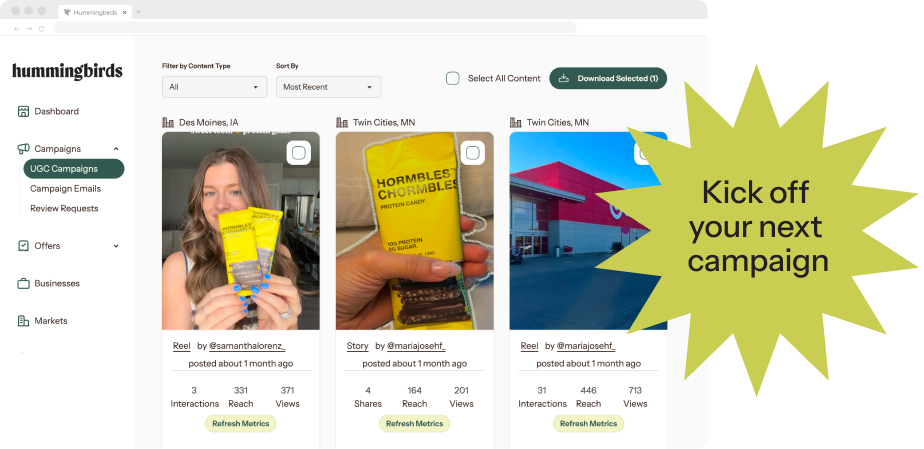 The Hummingbirds dashboard with a campaign kick-off badge