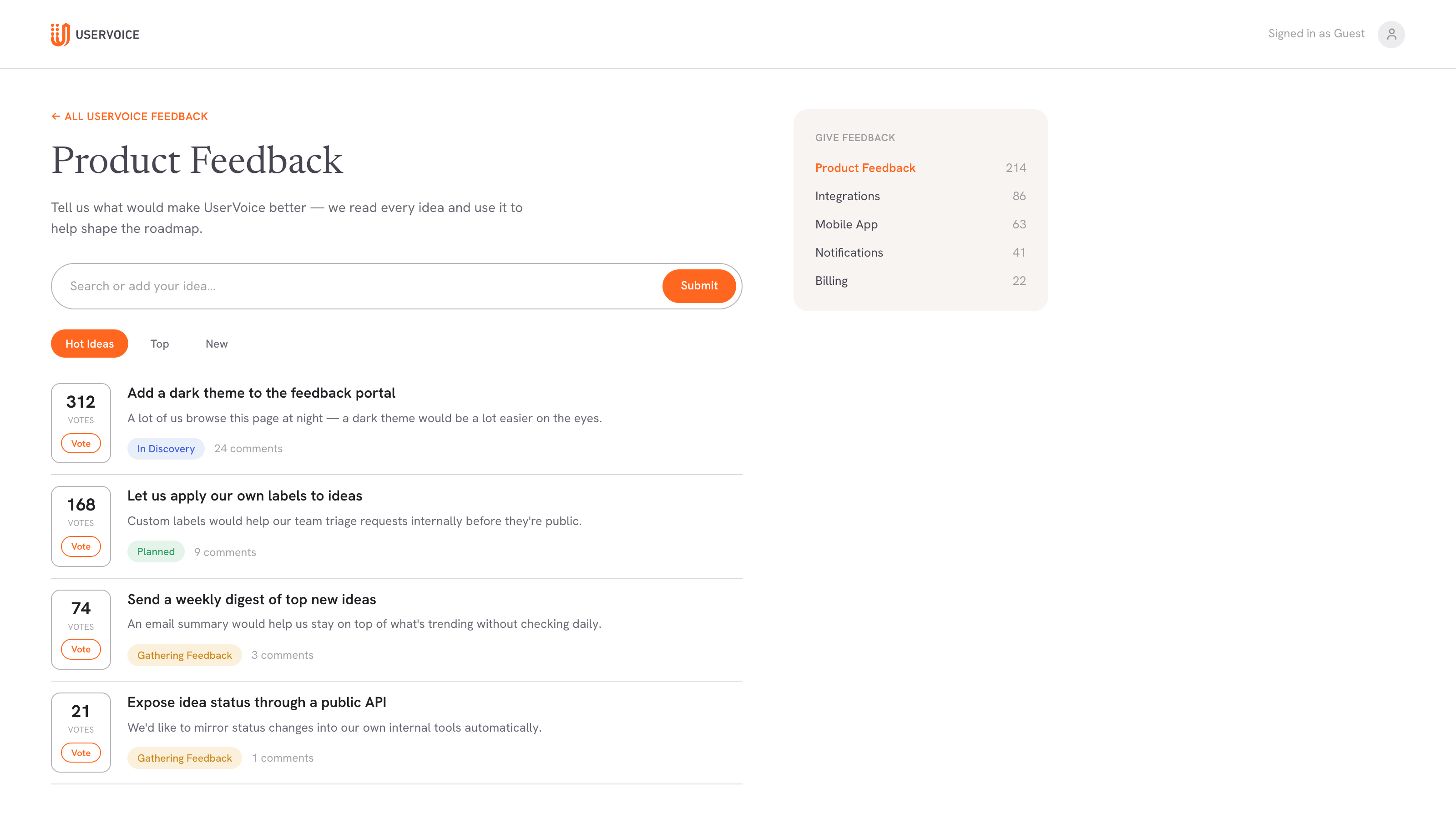 A branded UserVoice customer feedback portal showing ideas with vote counts and statuses
