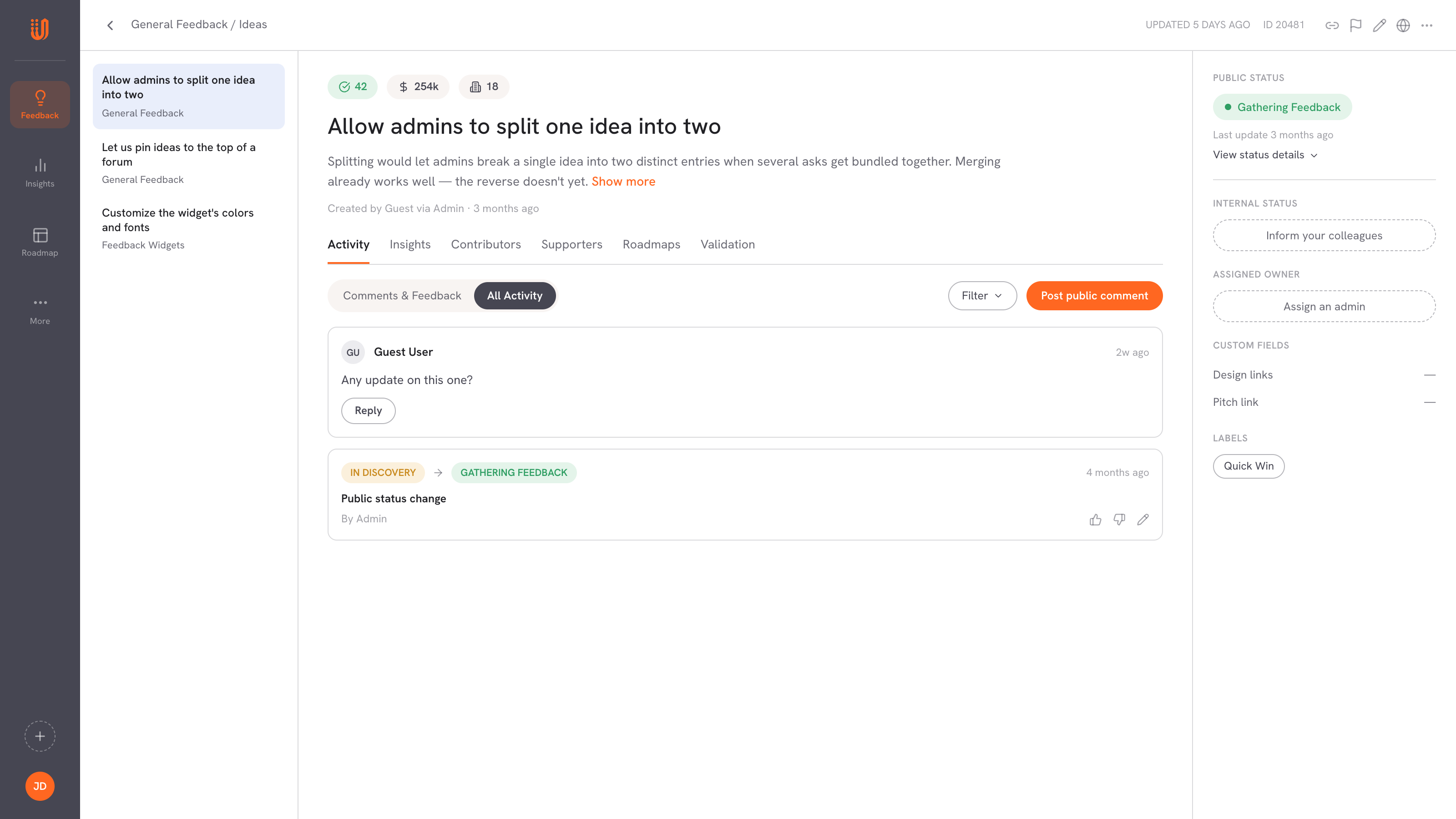 A UserVoice idea detail view with activity, status, and discussion