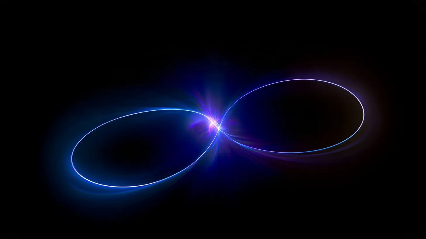 Two interlocking loops of light with a violet spark where they meet