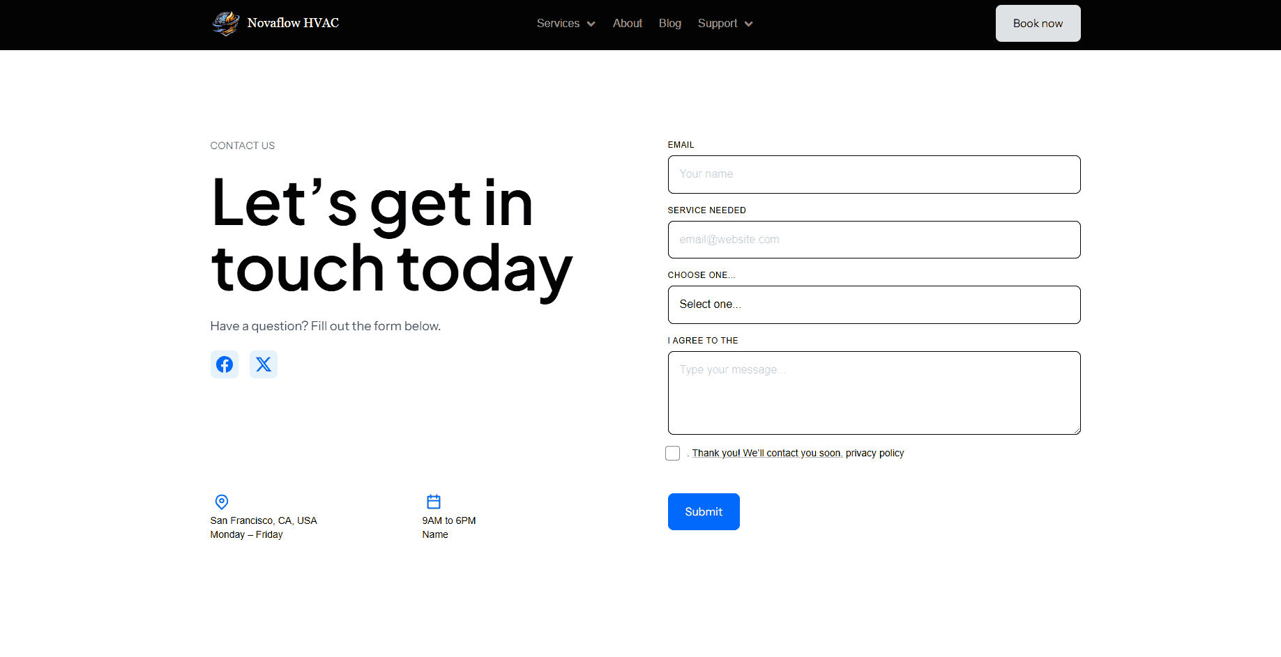 A clean HVAC service contact page with a large form on the right for customer details and a simple layout on the left with contact information and service hours.