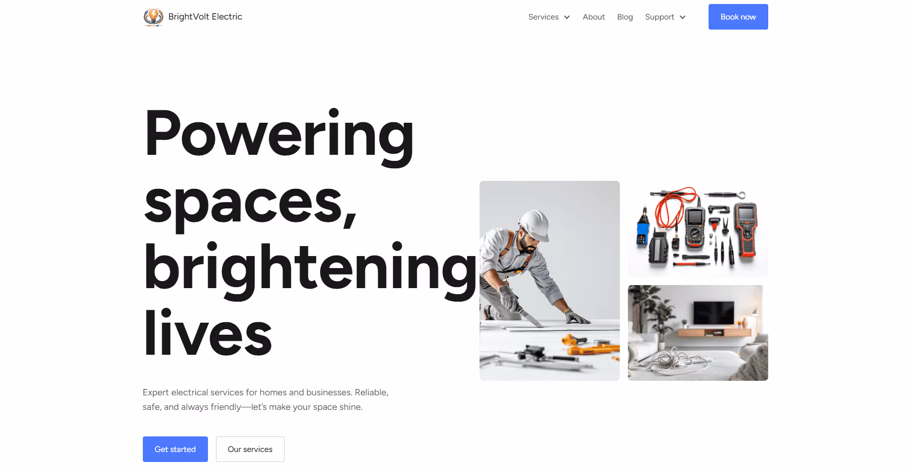A clean electrician service homepage with large text on the left and a set of images on the right showing an electrician at work, electrical testing tools, and a modern home interior with wiring