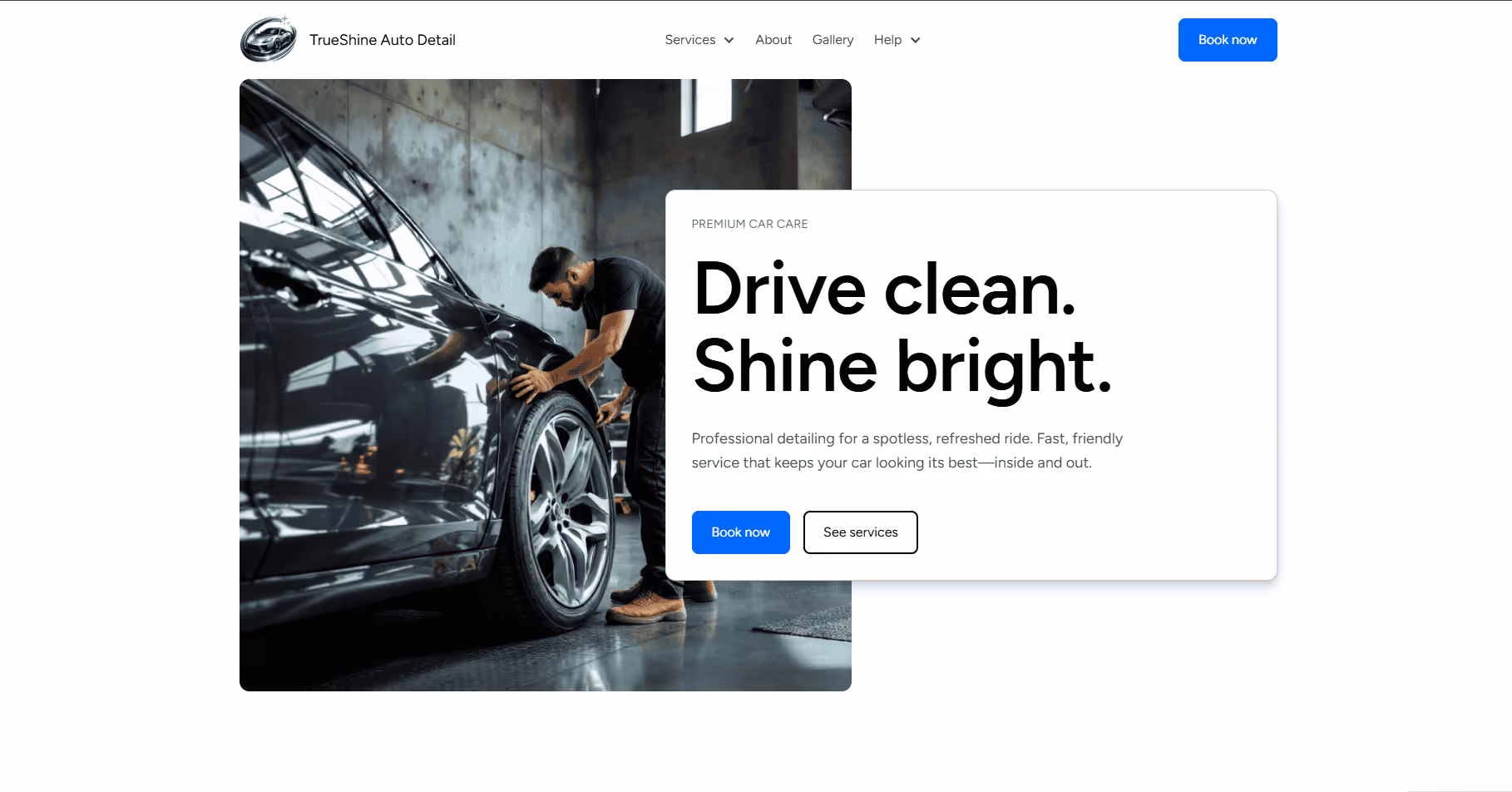 A car detailing service webpage features a worker polishing a shiny black car.