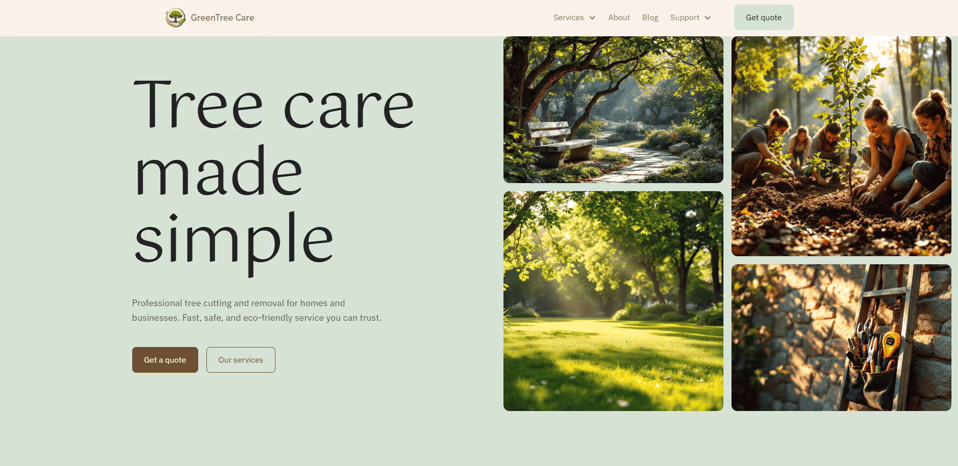 A modern tree care service homepage with a soft green layout, large text on the left, and a collage of images on the right showing lush parks, tree planting, greenery, and professional tools