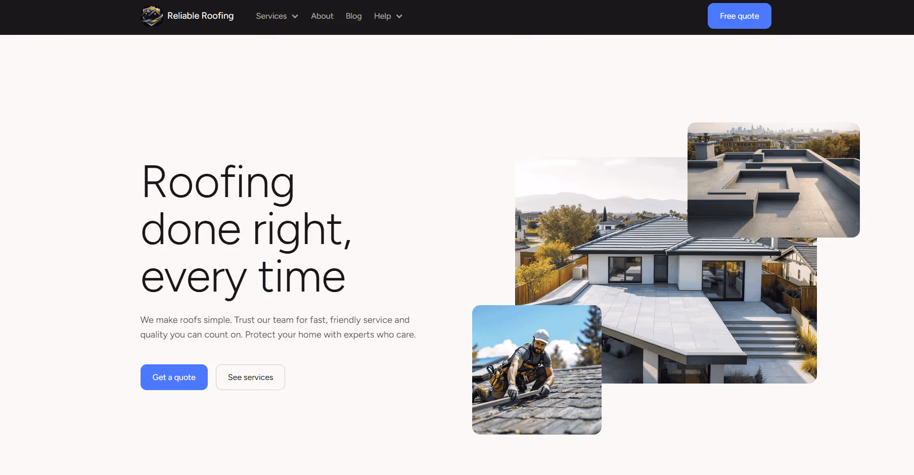 A modern roofing service homepage with a clean layout and a collage of images showing residential rooftops, a flat roof surface, and a roofer working on shingles