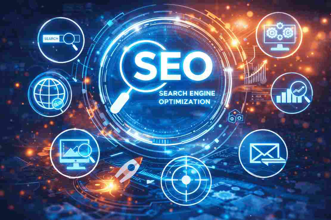 Glowing SEO text in a digital circular interface