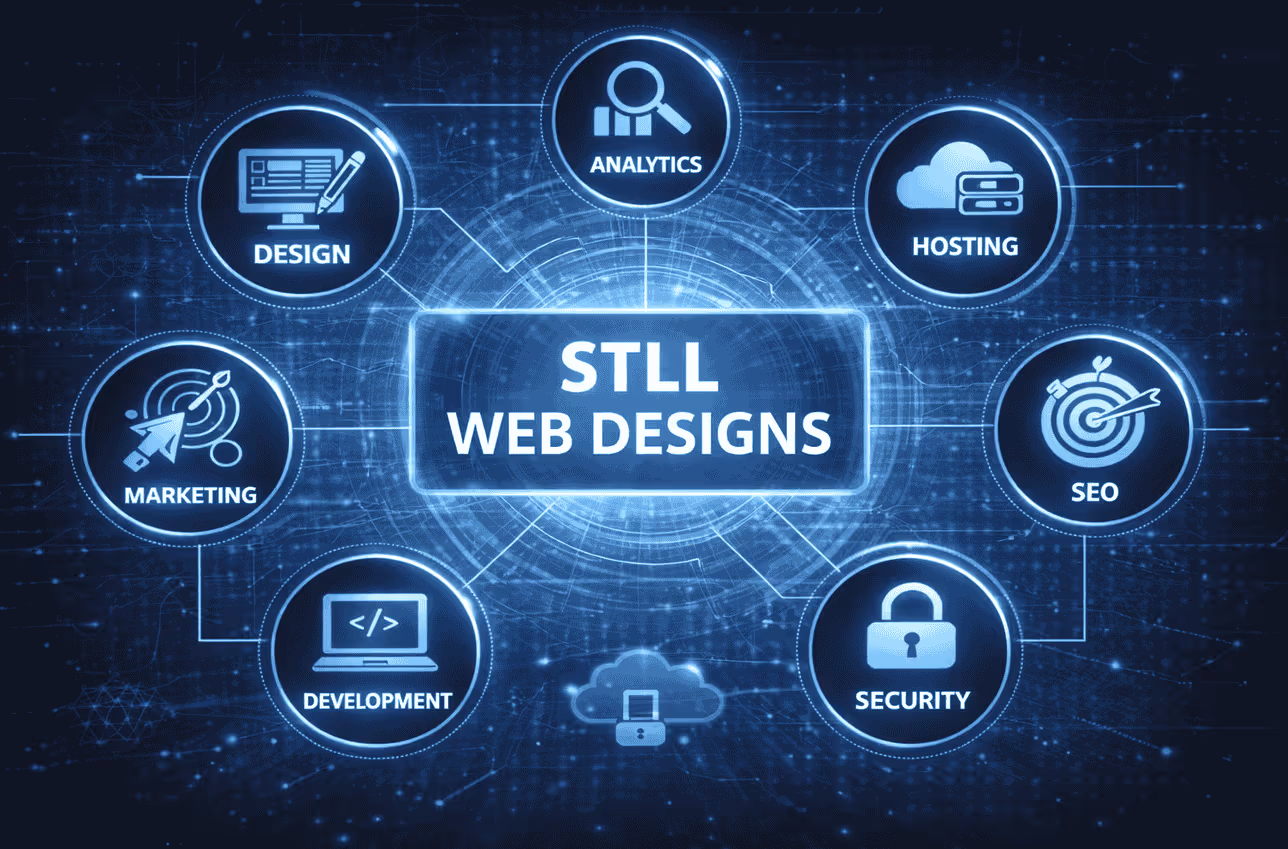 Futuristic web design concept with icons for design, analytics, hosting, SEO, marketing, development, and security encircling "STLL Web Designs" text.