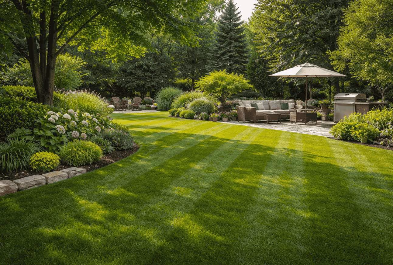 A lush garden with vibrant green grass and manicured plants