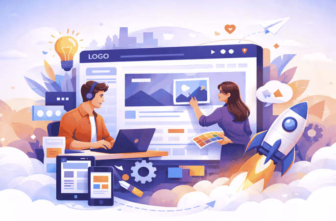 Illustration of two people designing a website, with one on a laptop and another pointing at a screen.