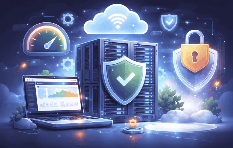 Futuristic digital scene with a laptop, server, and security symbols like a shield and lock. Cloud and performance icons indicate online security and data protection.