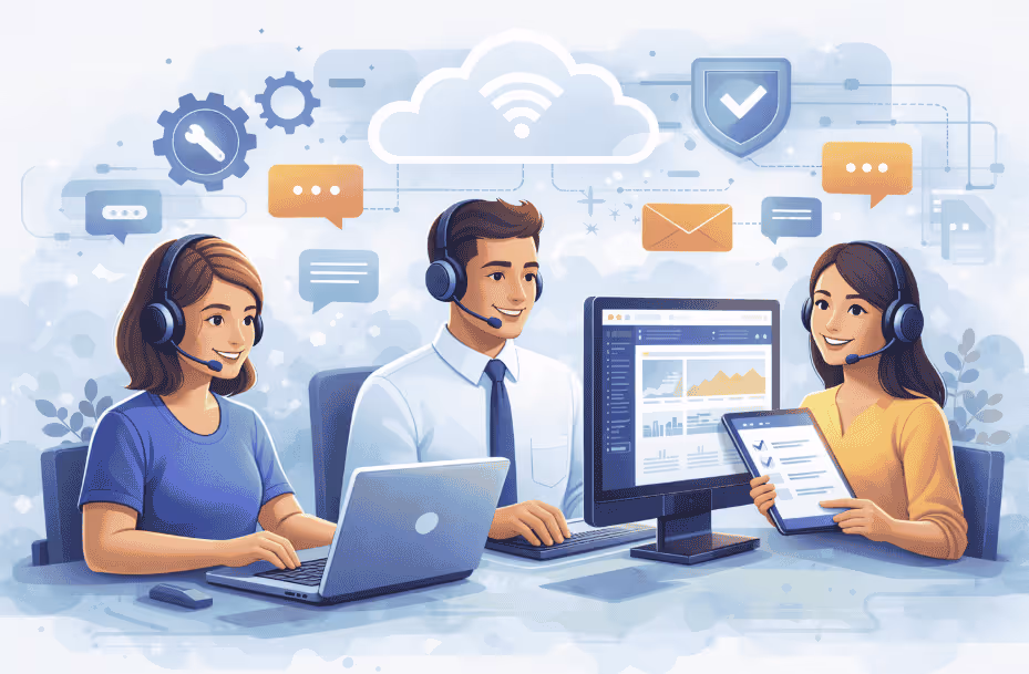 Three people with headsets collaborate in an office. They use laptops and tablets, surrounded by icons of cloud, email, and chat, conveying teamwork.