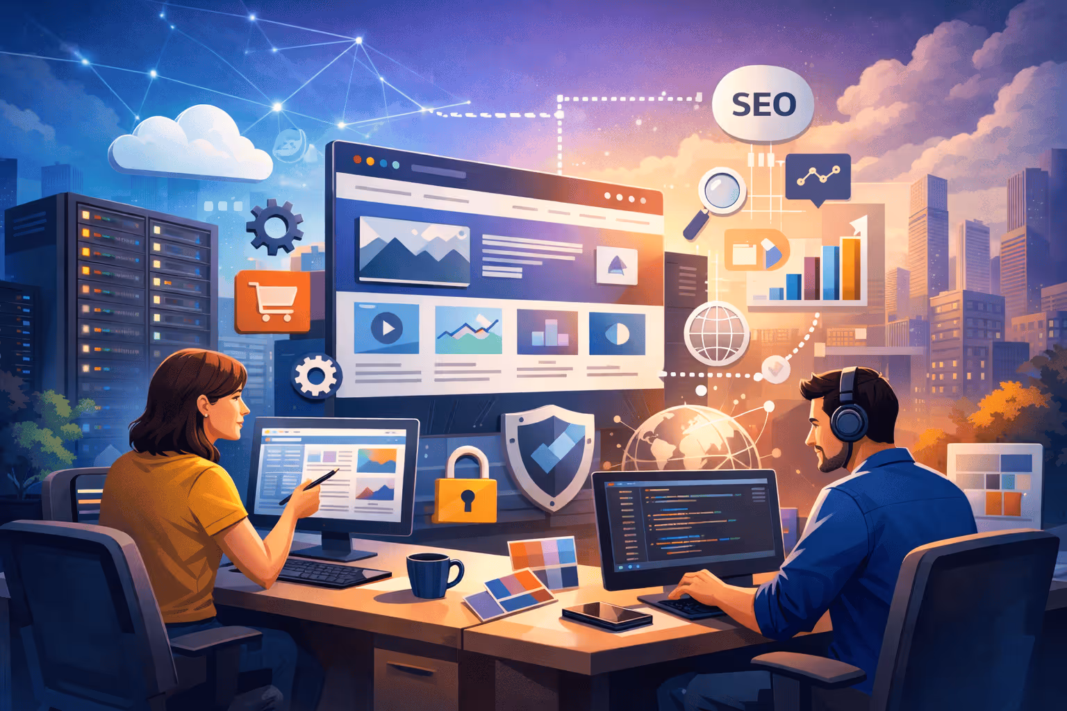 A woman and a man work at computers in an office, surrounded by digital marketing icons like SEO, locks, and graphs, with a cityscape in the background.