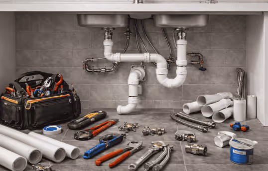 Under-sink plumbing with visible pipes, fittings, and surrounding repair tools, including wrenches and a tool bag on a tiled floor