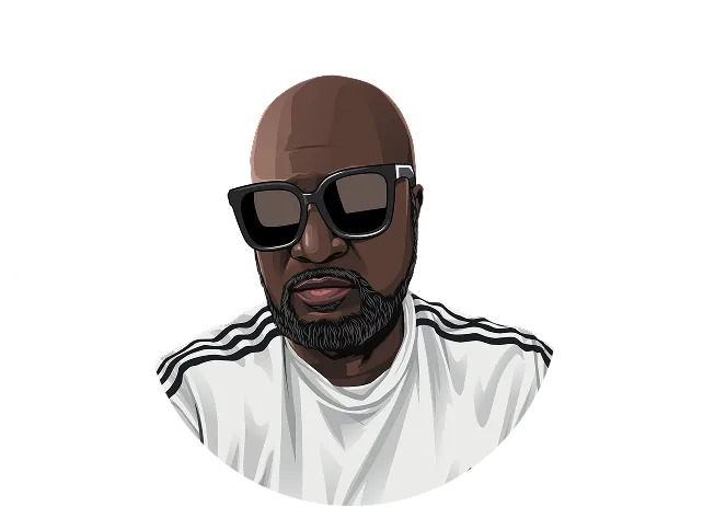 Illustration of a bald man with a beard wearing large black sunglasses and a white shirt with black stripes on the shoulders.