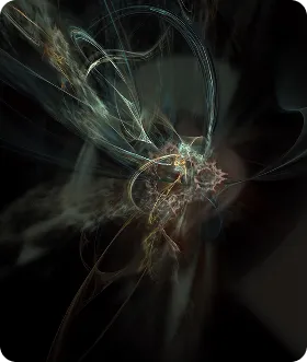Abstract fractal art with swirling, glowing lines and smoky textures on a dark background.