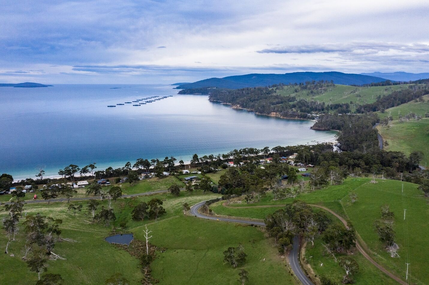 Aerial view of Tasmanian salmon farming locations