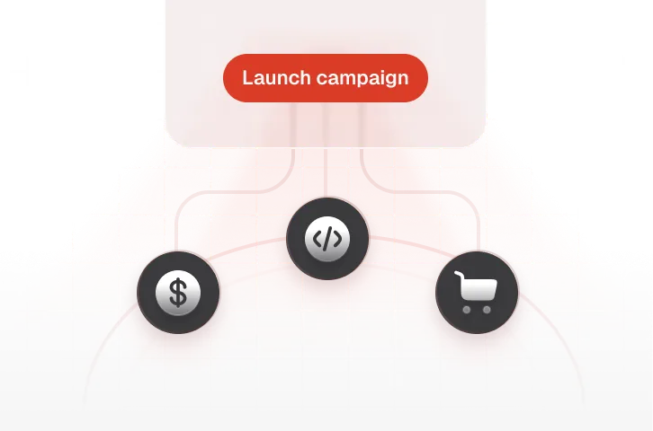 Red 'Launch campaign' button above icons depicting a dollar sign, code brackets, and a shopping cart on a red grid background.