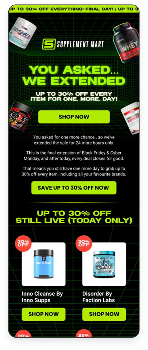 Supplement Mart advertisement offering up to 30% off all items for one more day with featured products Inno Cleanse and Disorder supplements each discounted by 30%.