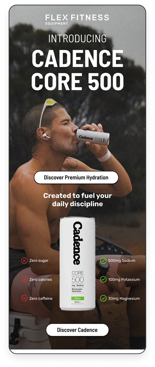 Athletic man drinking from a Cadence Core 500 hydration drink can, promoting zero sugar, calories, and caffeine with added sodium, potassium, and magnesium.
