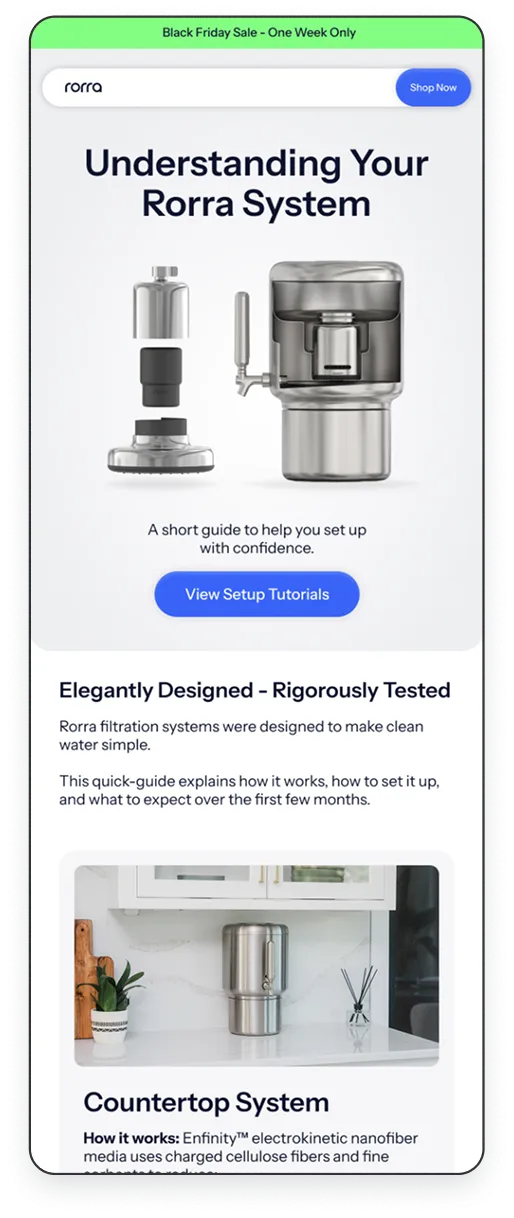Rorra water filtration system with exploded view of components and a countertop model shown, accompanied by guide text and a call-to-action button for setup tutorials.