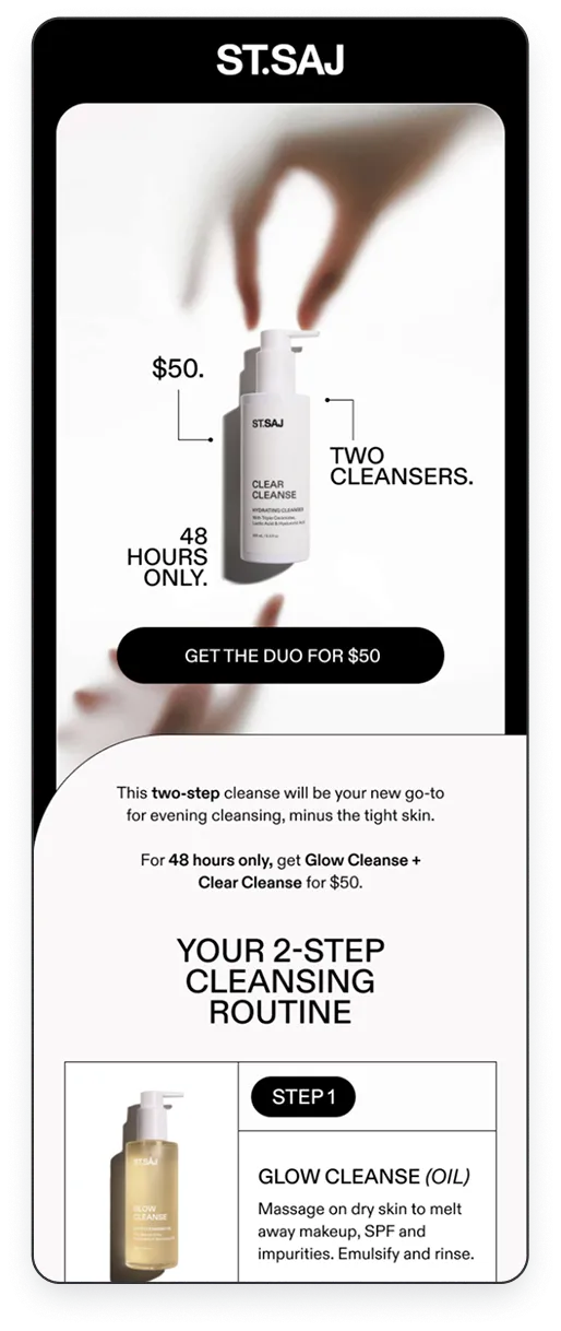 ST.SAJ Clear Cleanse bottle with promotion for two cleansers at $50 for 48 hours, highlighting a 2-step cleansing routine starting with Glow Cleanse (oil) for makeup and impurity removal.