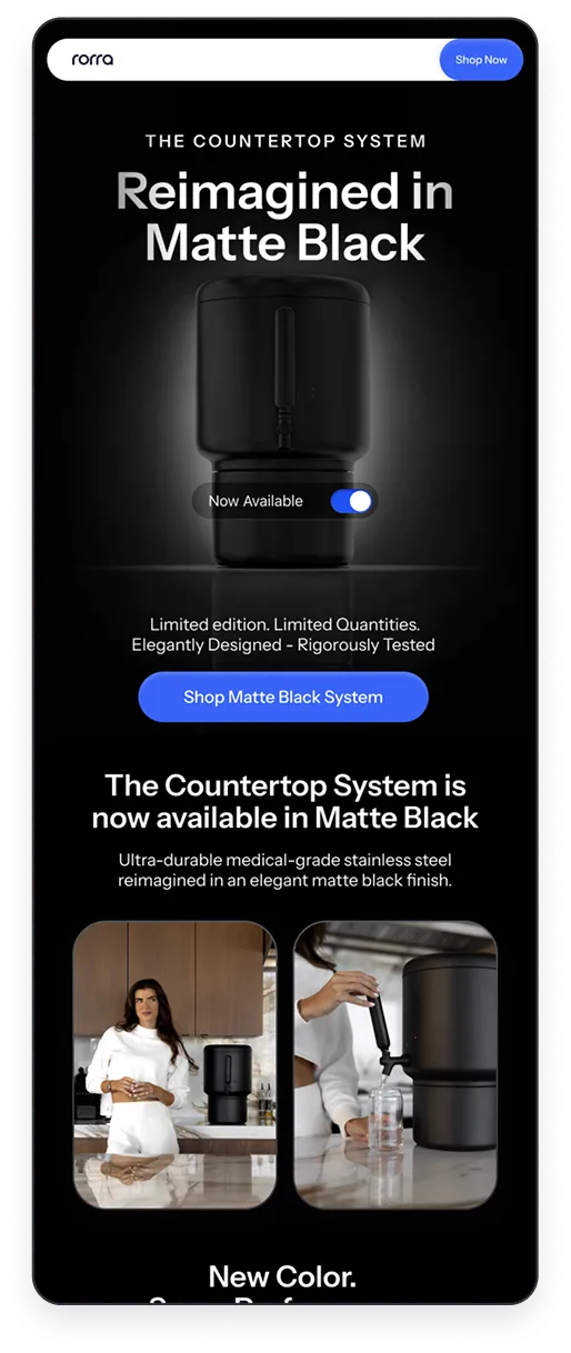 Advertisement for matte black Countertop System water filtration unit with a woman standing nearby and a close-up of water being dispensed into a glass.