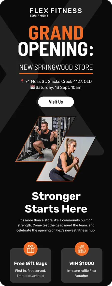 Flex Fitness Equipment grand opening announcement for New Springwood store at 74 Moss St, Slacks Creek, on Saturday, 13 Sept, 10am, featuring images of a man and a woman exercising, with offers of free gift bags and a $1000 raffle voucher.