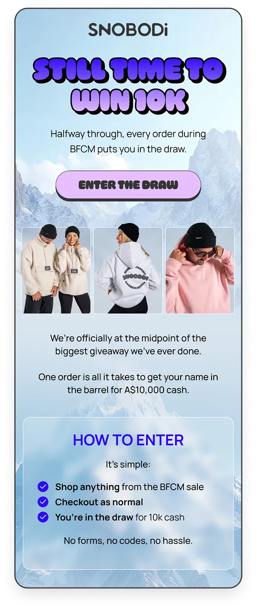 Promotional flyer for Snobodi's $10,000 giveaway during BFCM sale, showing casual winter clothing and instructions to enter by shopping and checking out normally.