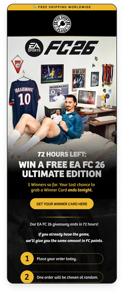 Man in sportswear sitting on a bed reading a book, surrounded by football memorabilia including an Ibrahimović jersey, Ronaldo poster, medals, and a computer with football content, promoting a giveaway for EA FC 26 Ultimate Edition with 72 hours left to enter.