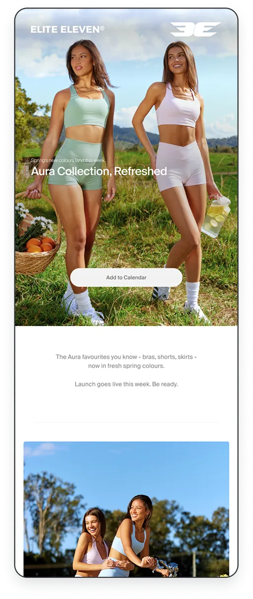 Two women outdoors in light green and white athletic crop tops and shorts, one holding a basket of fruit and flowers, the other holding a pitcher of lemonade, with text about the Aura Collection in fresh spring colors.