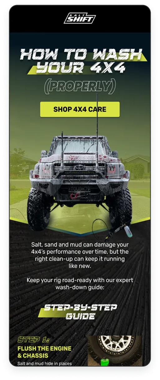 Front view of a muddy 4x4 vehicle with foam, promoting a guide on how to properly wash a 4x4, including a step to flush the engine and chassis.