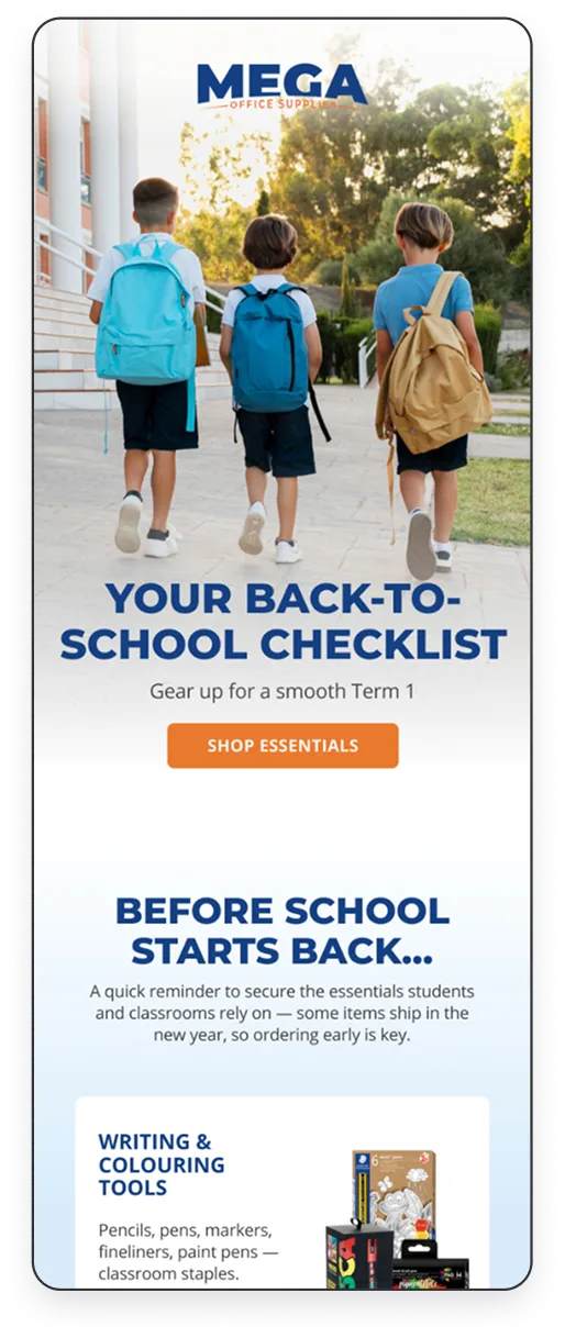 Three children walking away on a pathway with backpacks, above text reads 'Your Back-to-School Checklist' and a call-to-action button says 'Shop Essentials'.