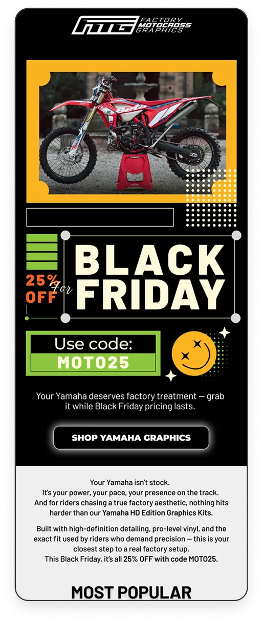 Black Friday promotion for Yamaha motocross graphics with 25% off using code MOTO25, featuring a red Yamaha dirt bike on a stand.