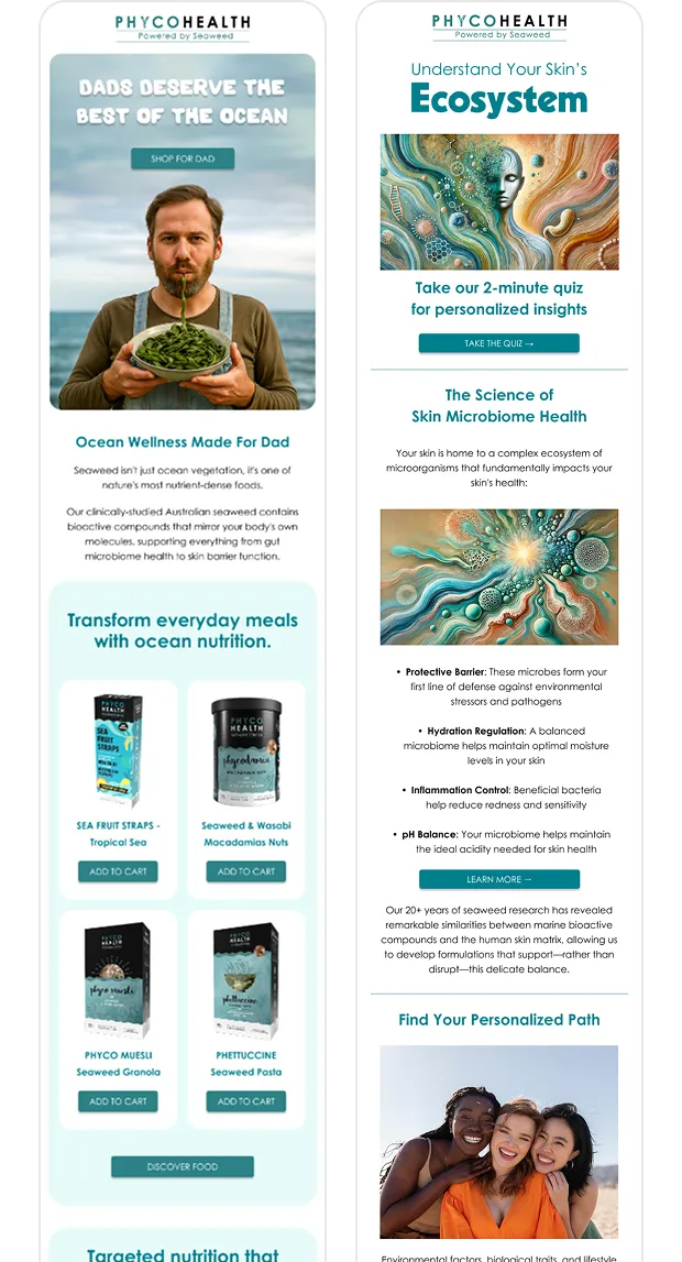 PHYCOHEALTH advertisement showing a man holding a bowl of seaweed, promoting ocean wellness for dads, with product images of seaweed snacks and supplements, a skincare ecosystem quiz, and smiling diverse women under 'Find Your Personalized Path'.