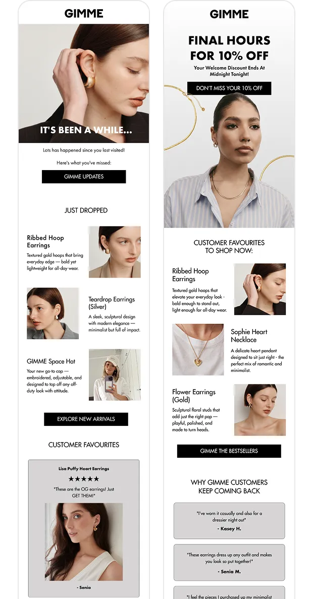 Two promotional flyers for GIMME jewelry showing models wearing earrings and necklaces with product descriptions, discounts, and customer reviews.
