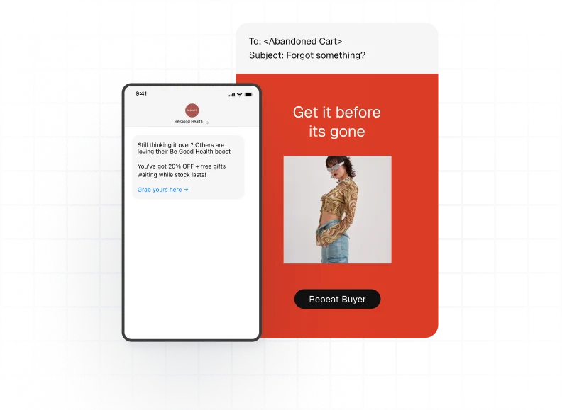 Email mockup showing an abandoned cart reminder with 20% off and free gifts, alongside an image of a woman in patterned top and jeans with text 'Get it before its gone' and a 'Repeat Buyer' button.