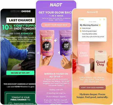 Three wellness product ads side by side: InnerDose kidney support with 10% off code, NADT glow reset program with detox tea packets, Be Good My Morning Routine with Day Lytes hydration cubes and Good Day drink.