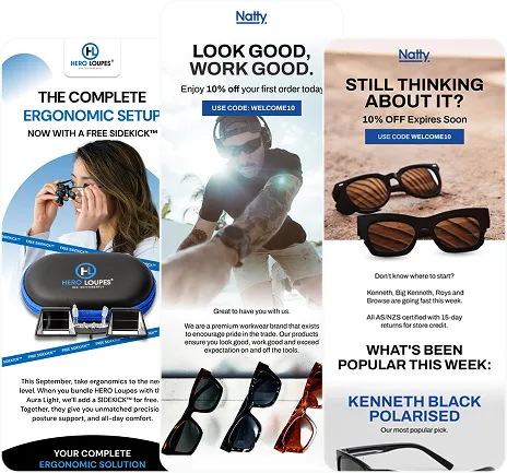 Three promotional panels for eyewear: ergonomic setup with Hero Loupes and free sidekick, Natty workout wear offering 10% off first order, and Natty sunglasses with 10% off expiring soon and highlight of popular Kenneth Black Polarised sunglasses.
