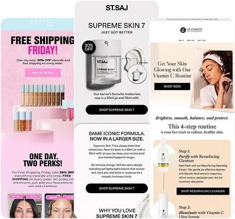 Promotional page with free shipping offer, ST.SAJ Supreme Skin 7 moisturizer product details, and a 4-step Vitamin C skincare routine featuring a woman washing her face.