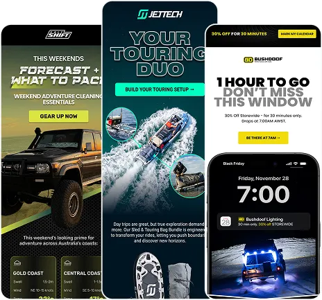 Collage of three digital ads: left shows a rugged vehicle with weekend adventure forecast and cleaning essentials; middle promotes jetting touring setup with watercraft image; right advertises a 30-minute 30% discount window on November 28 at 7:00 AM with vehicle headlights.