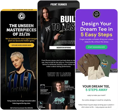 Three vertical panels promoting T-shirt design: left panel shows a woman with short blonde hair wearing a striped shirt titled 'The Unseen Masterpieces of 25/26'; center panel features a woman in a black hoodie with text about durable 'Front Runner' fabrics; right panel invites to design a custom tee in 5 easy steps with images of folded shirts.